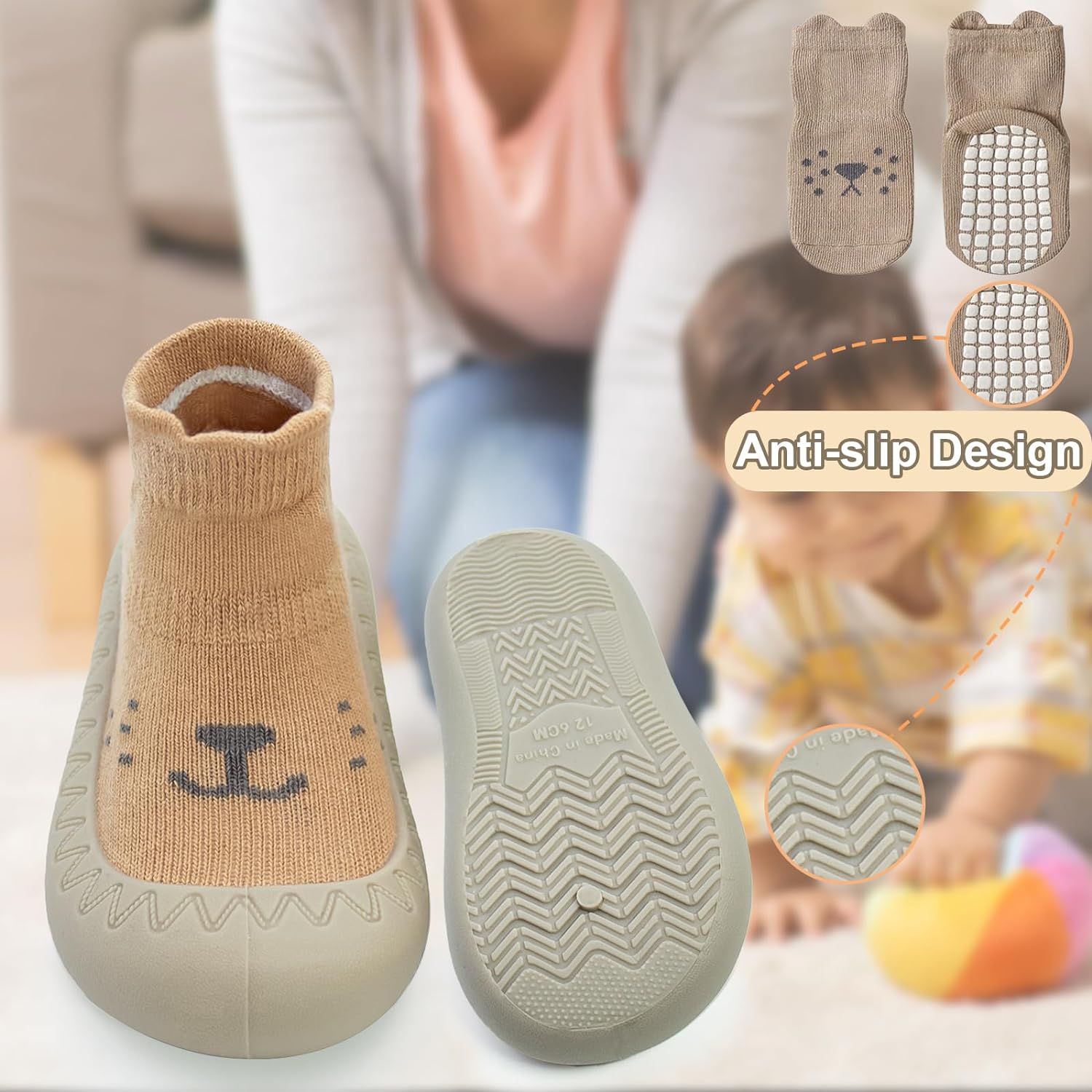 2 Pair Baby Caroon Non-slip Shoes, Baby slippers Shoes for Boys Girls Walkers Shoes Soft Rubber Grippers with Baby slippers, Khaki, White, Pink, Blue Infant First Walking Shoes 6-12,12-18, 18-24 Months - Image 3
